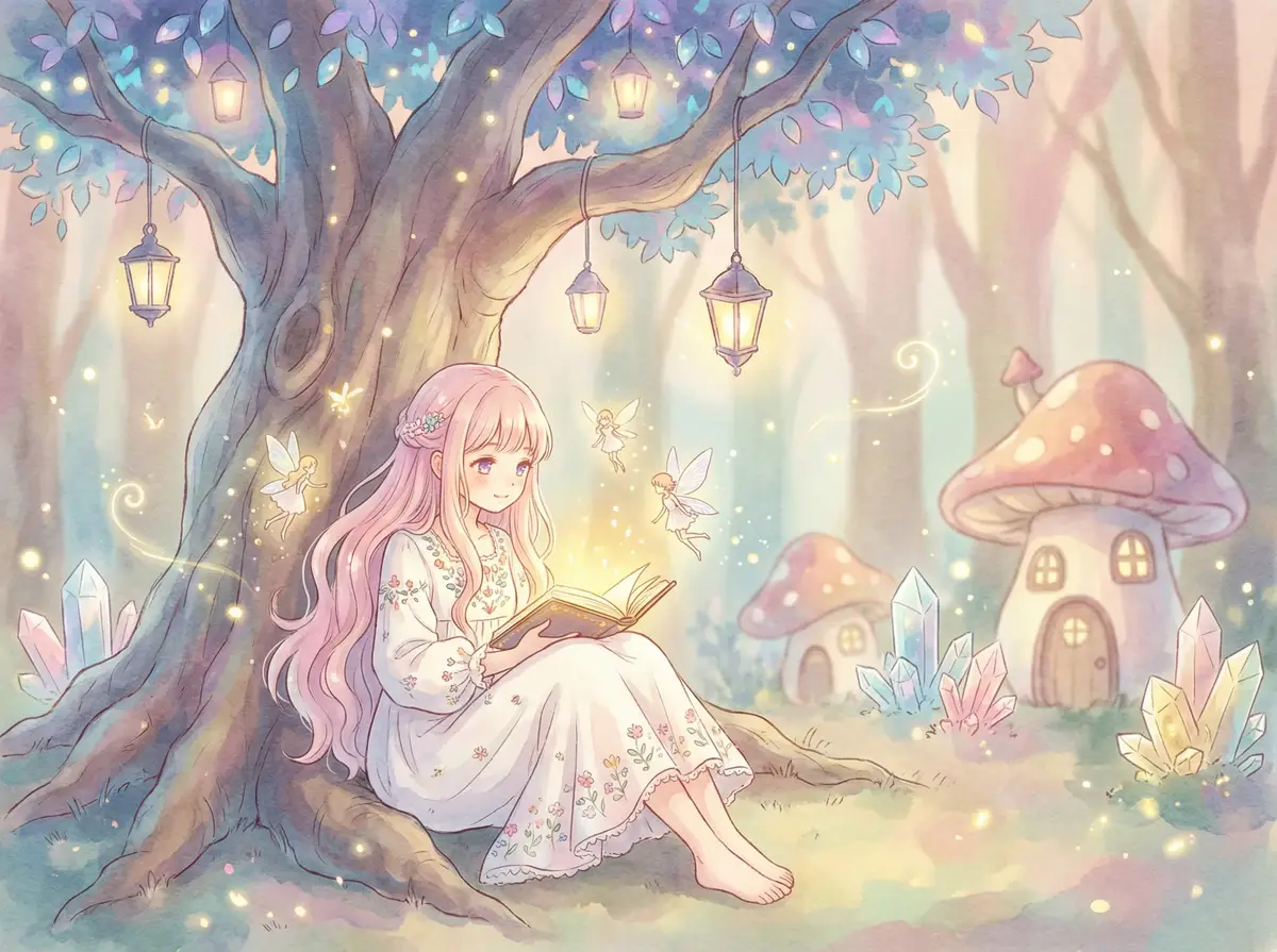 红糖电影 - 魔法森林中阅读故事书的粉发少女与精灵